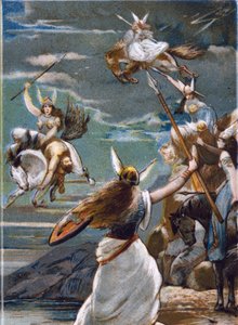 Nordische Mythologie: Die Walküren (Kriegerjungfrauen) in Valholl (oder Walhalla, Valhalla, Valhalle: Ort, an dem tapfere Krieger gebracht werden) und der Fall der Krieger in der Schlacht. Chromolithographie des 19. Jahrhunderts