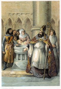 Notger (930-1008), Bischof von Lüttich, während der Taufe von Otto III. (980-1002), König von Deutschland. Chromolithographie aus dem 19. Jahrhundert.
