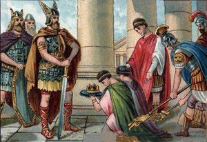 Odoaker (Odovacar, 435-493), Anführer der Heruler, zwingt Romulus Augustulus zur Abdankung, in Latein Flavius Romulus Augustus (oder Romulus Augustulus), um 460 - 511), letzter römischer Kaiser des Westens im Jahr 476. Chromolithographie um 1890 von Unknown artist