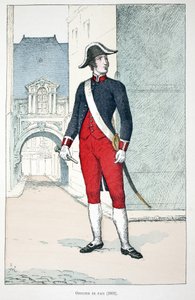 Friedensoffizier (1802). Farbradierung zur Illustration „Histoire du corps des gardiens de la paix“ Buch veröffentlicht unter der Schirmherrschaft von Louis Lepine (1846-1933) Polizeipräfekt der Seine, von Alfred Rey (1864-?) und Louis Feron (1862-?)