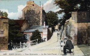 Altes Montmartre: ein Maler in der St. Vincent Straße. In Orange das Kabarett 