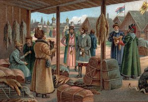 Alte Einkaufszentren: Pelzmesse in Nowgorod (Weliki Nowgorod), Russland im 19. Jahrhundert. Chromolithographie aus dem späten 19. Jahrhundert. von Unknown artist