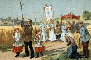 Alte Tradition im Berry: die Prozession im Weizen. Religiöses Fest. Chromolithographie aus dem späten 19. Jahrhundert.