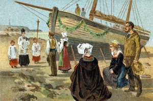 Alte Tradition in der Bretagne: Taufe eines Fischerbootes. Chromolithographie aus dem späten 19. Jahrhundert. von Unknown artist