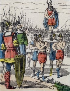 Nach dem Tod von Childerich I. wurde sein Sohn Chlodwig von den Salischen Franken zum König gewählt, die ihn auf dem Schild durch das Lager trugen (Gravur)