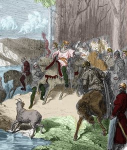 Am Vorabend der Schlacht von Vouillé (507) findet Chlodwig I., einer Hirschkuh folgend, eine Quelle an der Wien, die von Lilien enthüllt wird. Er trägt die Blume als Siegespfand und nimmt sie dann als sein Emblem. Gravur in „Histoire De France En Cent Pein
