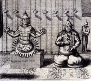 Links, hinduistische Gottheit mit acht Armen, rechts Amida, japanischer Buddha. „De China Monumenta“ von Athanasius Kircher (1601 - 1680), Jesuit, Orientalist und deutscher Gelehrter, Amsterdam 1667.