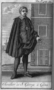 Ritterorden. Ritter des Heiligen Georg in Genua (Italien). In „History of military orders or knights, of the secure and routine militias of both sexes, which have been established so far. Edition taken from Abbe Giustiniani, R.P.Bonani, M. von Unknown artist