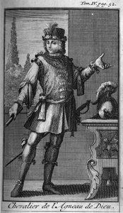 Ritterorden. Ritter des Lammes Gottes. In „Geschichte der militärischen Orden oder Ritter, der weltlichen und regulären Milizen beider Geschlechter, die bisher gegründet wurden. Ausgabe von Abbe Giustiniani, R.P.Bonani, M. Herman, Schoonebeek, R.P.H von Unknown artist