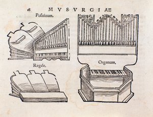 Orgel Darstellung. Seite aus Musurgia, praktisches Handbuch der Musik