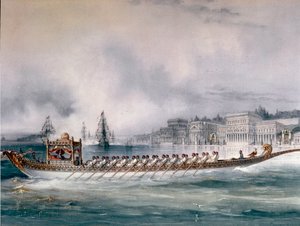 Osmanisches Reich: Darstellung des Bootes des Sultans auf dem Bosporus in Istanbul. Der Ciragan-Palast ist sichtbar. (Detail)