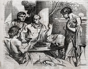 Freiluftbankettszene - Vitellius (Aulus Vitellius Germanicus Imperator Augustus), römischer Kaiser (15-69), gibt ein Fest - Gravur in „The Universal Health - Medical Guide for Families“ 1852 von Unknown artist
