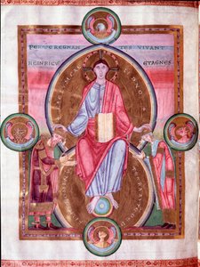 Seite aus der Kaiserbibel: Christus umgeben vom Tetramorph, zwischen Kaiser Heinrich III. und seiner Frau Agnes von Poitou (Miniatur)
