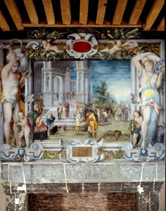 Bemalter Kaminaufsatz des Waffensaals, der Salomo und die Königin von Saba darstellt von Unknown artist