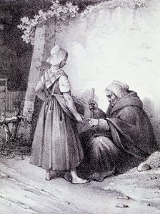 Wahrsagerei: Eine alte Wahrsagerin liest die Hand eines jungen Mädchens (Gravur) von Unknown artist