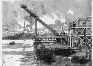 Arbeiten am Panamakanal. Hauptmaschinen: der Bigue-Ponton. Gravur in „Le Monde Illustré“ von Unknown artist