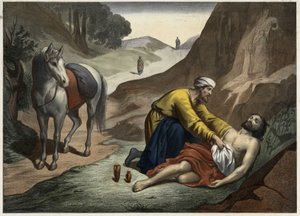 Gleichnis vom barmherzigen Samariter: Der Samariter hielt auf seinem Weg an, um dem sterbenden Mann zu helfen. Anonyme Gravur aus der Mitte des 19. Jahrhunderts.