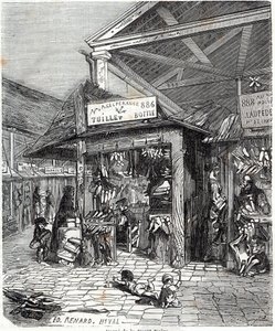 Paris 3. Arrondissement - Carre de la Foret-Noire: Verkauf von Leder und Schuhen im Le Carreau du Temple im 19. Jahrhundert - Gravur in „Tableau-de-Paris“ von Edmond Texier