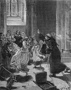 Paris, Kirche Sainte Genevieve (Sainte-Genevieve) (1599): Ein Kapuzinermönch versucht, eine Frau, Martha, die behauptet, vom Teufel besessen zu sein, zu exorzieren. Gravur des 19. Jahrhunderts. In „Histoire de France“ von Jules Michelet