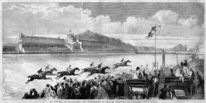 Paris, Rennen auf der Rennbahn Longchamps im Bois de Boulogne, vergrößert und entworfen von Haussmann und 1857 eingeweiht, in „L