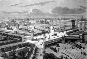 Paris, der neue Platz Europas an den westlichen Eisenbahnen. 1868. Gravur aus dem 19. Jahrhundert