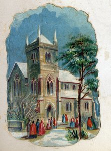 Kirchgänger auf dem Weg zur Sonntagsmesse. Chromolithographie um 1890.