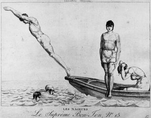 Pariser Karikatur: Schwimmer, Männer tauchen von einem Boot - der höchste Bon-Ton, Nr. 15, Musée Carnavalet