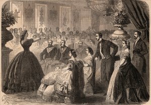 Pauline Viardot-Garcia (1821-1910), französische Sängerin beim Wohltätigkeitsfest der Freimaurerloge „La perseverante friendship“ im Grand Orient von Paris. Gravur in „Le Monde illustré“ von 1862. Private Sammlung.