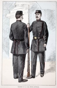 Friedenswächter (Lepine-Periode). Farbradierung zur Illustration „Geschichte des Friedenswächterkorps“ Buch veröffentlicht unter der Schirmherrschaft von Louis Lepine (1846-1933), Polizeipräfekt von Paris, von Alfred Rey (1864-?) und Louis Feron (1862-?)