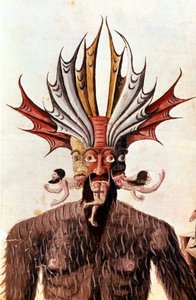 Darstellung von Luzifer (Teufel) in Dantes „Divina Commedia“. Manuskript aus dem 14. Jahrhundert. Biblioteca Trivulziana, Mailand.