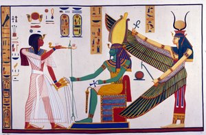 Pharao Ramses IV. macht Opfergaben an Ptah-Sokari-Osiris. Hinter Osiris steht Isis (Grab von Bibah-el-Moluk)