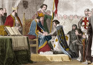 Philipp IV. der Schöne (1268 - 1314), König von Frankreich, gab seine Tochter Isabelle von Frankreich (1295-1358) 1308 zur Heirat an den Sohn von König Eduard II. von England (1284-1327). Stich in „Histoire De France En Cent Tableaux“ von Paul Lehugeur 189