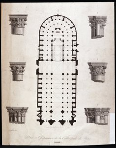 Plan und Kapitelle der Kathedrale Notre Dame in Paris. 19. Jahrhundert