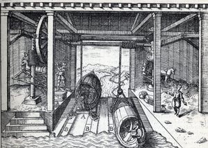 Schrägaufzug für Boote im 16. Jahrhundert auf den Lagunen des Brenta (Fluss) in Norditalien. Gravur in „La Nature“
