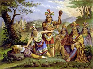Pocahontas rettete Captain John Smith. Chromolithographie um 1870