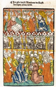 Papst Martin V. (1368 - 1431) gewählt auf dem Konzil von Konstanz (1417), beendet das große abendländische Schisma und erteilt den Segen. „Das concilium“
