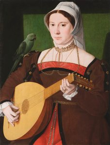 Porträt einer Frau, die Laute spielt, mit einem Papagei auf der Schulter