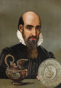 Porträt von Bernard Palissy (1510 - 1589). Chromolithographie des späten 19. Jahrhunderts, basierend auf „La Ciencia y sus Hombres“ von Louis Figuier. Barcelona 1881