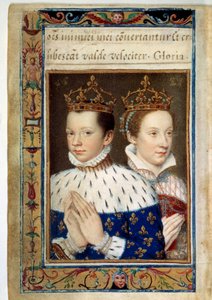 Porträt von Franz II. (1544-1560) und Maria Stuart (1542-1587) König und Königin von Frankreich. Manuskriptseite aus dem „Stundenbuch der Katharina von Medici“ (Caterina de Medici) 16. Jahrhundert Paris, B.N.