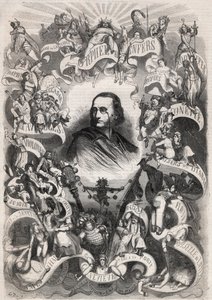 Porträt von Jacques Offenbach (1819-1880), französischer Komponist und Direktor des Théâtre des Bouffes Parisiens, umgeben von Figuren seiner Werke - Gravur in „Le Monde Illustré“
