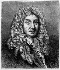 Porträt von Jean Baptiste Lully, französischer Komponist italienischer Herkunft. Aus einer zeitgenössischen Gravur. Gravur in „La Nature: revue des sciences et de leurs applications aux arts et a l