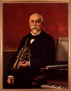 Porträt von Lodovico Bortolotti (19. Jahrhundert) italienischer Musiker. Er hält eine Trompete. Anonymes Gemälde. 19. Jahrhundert. Bologna, Civico Museo Bibliografico von Unknown artist
