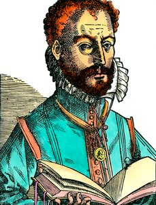 Porträt von Orlandus Lassus (1531-1594), Musiker der franko-belgischen Schule, der ein offenes Buch hält. Gravur aus dem 16. Jahrhundert