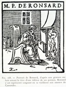 Porträt von Pierre de Ronsard, alt, denkt an die Lieben von Cassandre - Holzstich
