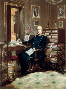 Porträt von Prinz Otto von Bismarck (1815-1898), Kanzler und preußischer Politiker, in seinem Büro. Farblithographie von Unknown artist