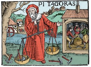 Porträt von Pythagoras - Seite aus „Compendiara musica“ von Koswick 1516