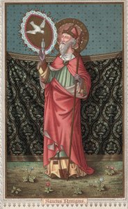 Porträt von Saint Remi (437-533) Besuch der Taube des Heiligen Geistes. Chromolithographie aus dem späten 19. Jahrhundert.
