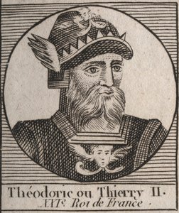 Porträt von Theuderich II. (587-613), König der Franken von Austrasien und Burgund von 595 bis 613 - Theuderich II. (Theuderic oder Theuderich, Theoderic oder Theodoric II.), König von Burgund und Austrasien - Gravur aus „Unterricht über die Geschichte Fra von Unknown artist