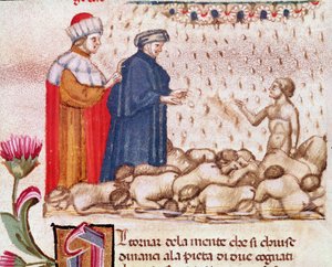 Porträt des italienischen Dichters Dante Alighieri im Kreis der Gefräßigen (Gesang 6 aus der Hölle, in der Göttlichen Komödie)