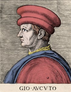Porträt des englischen Söldners und Condottiere John Hawkwood (1320-1394). Holzschnitt aus dem 16. Jahrhundert.